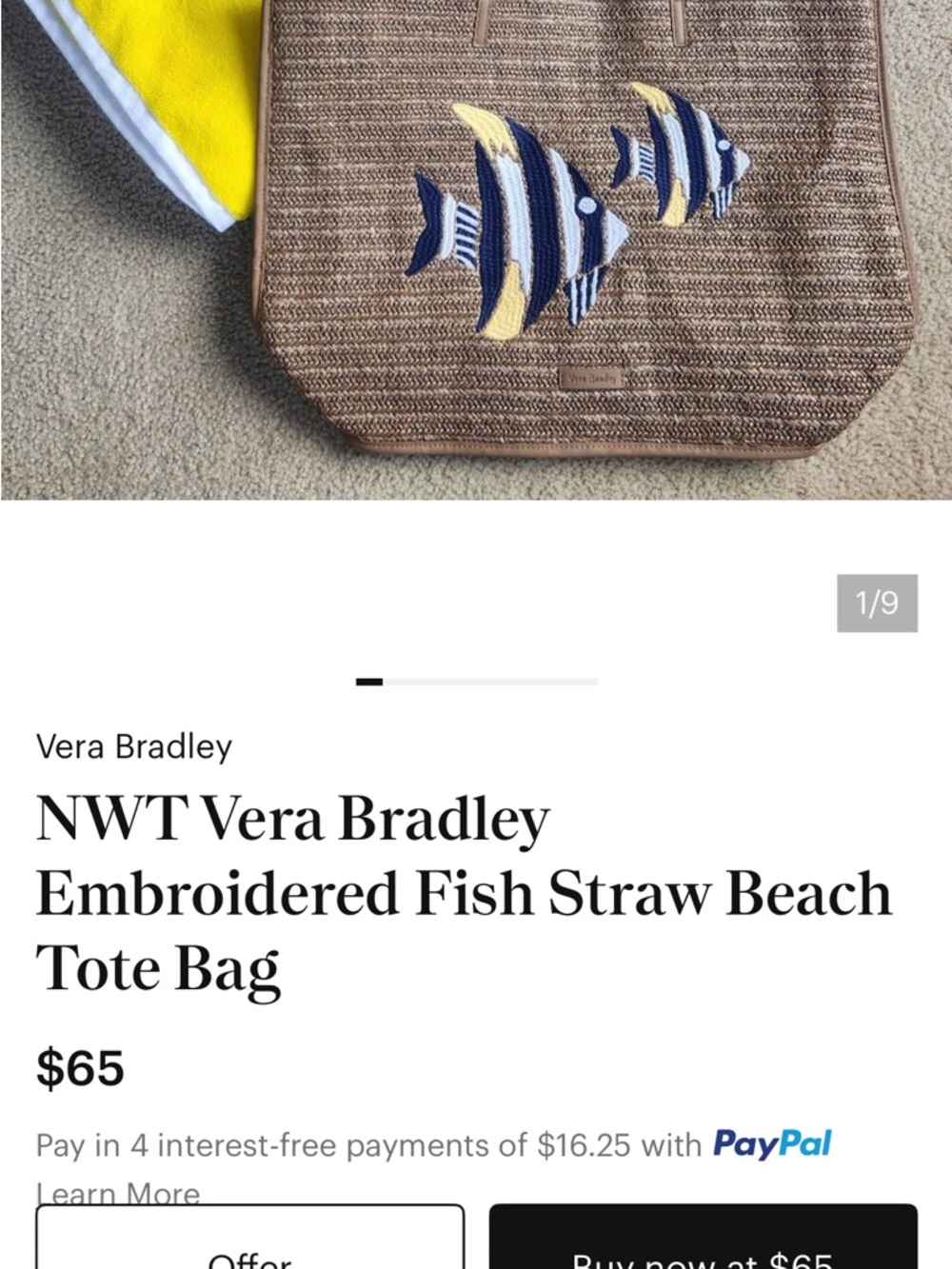 Vera Bradley Neutral Straw Tote with Navy, White & Yellow Fish - Picture 10 of 10